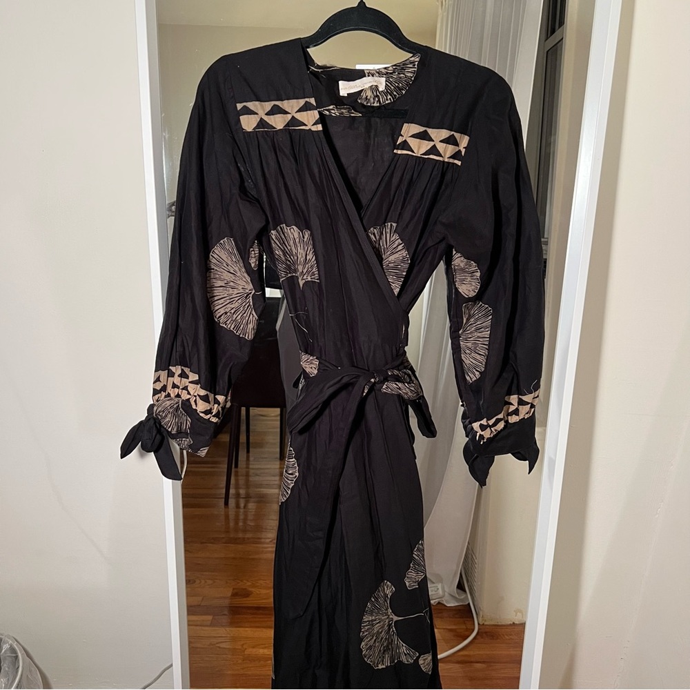 natalie martin wrap black beige dress maxi print cotton long sleeve size XS C3